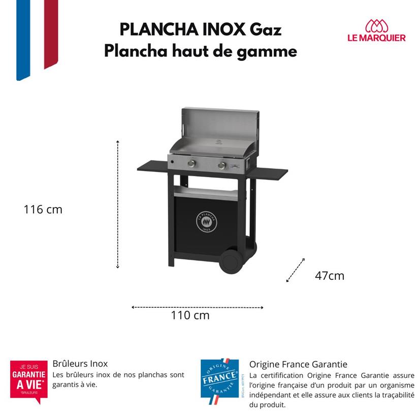 La Plancha Inox Duo Edition: La Plancha Inox Gas 260 Stainless Steel - French Griddle + Black Cart + Stainless Steel Lid + Spice Rack and Curtain