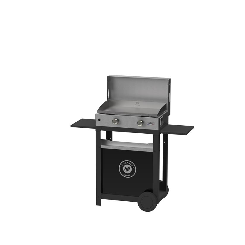 La Plancha Inox Duo Edition: La Plancha Inox Gas 260 Stainless Steel - French Griddle + Black Cart + Stainless Steel Lid + Spice Rack and Curtain